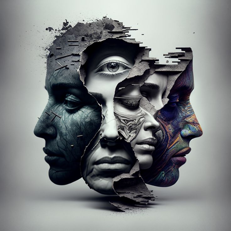 Faces abstract portrait series exploring human emotion through fragmented forms